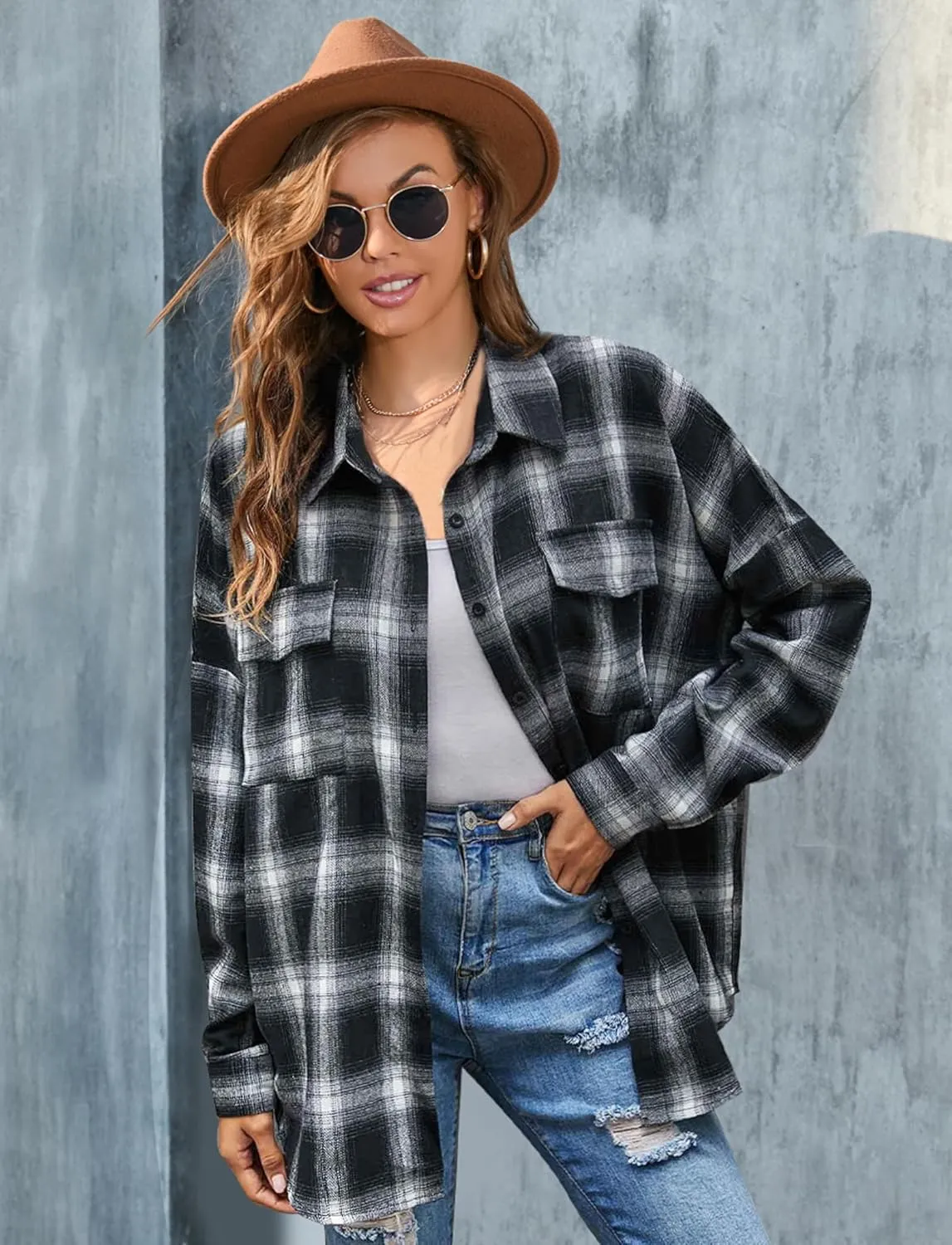 MIDNIGHTSUN Womens Button Down Flannel Plaid Shacket Shirt Oversized Buffalo Long Sleeve Shirt Jacket