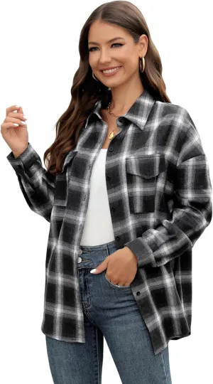 MIDNIGHTSUN Womens Button Down Flannel Plaid Shacket Shirt Oversized Buffalo Long Sleeve Shirt Jacket