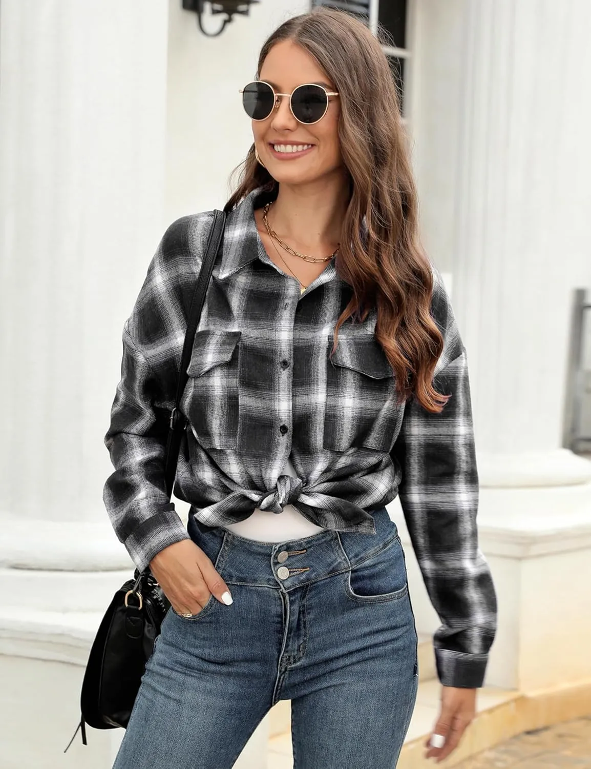 MIDNIGHTSUN Womens Button Down Flannel Plaid Shacket Shirt Oversized Buffalo Long Sleeve Shirt Jacket