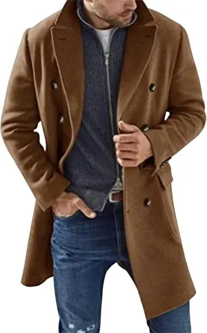 Mmoneyake Men's Double Breasted Trench Coat Wool Blend Pea Coat Slim Fit Overcoat Warm Lapel Work Business Jacket Outerwear