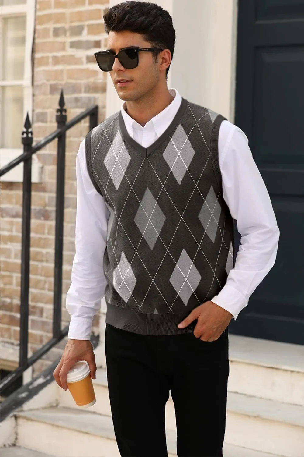 MNCEGEER Mens Argyle Knitwear Vest V Neck Sleeveless Casual Slim Fit Pullover Knitted Sweater