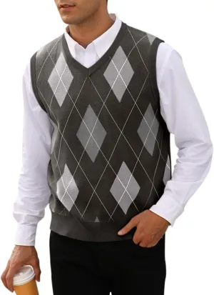 MNCEGEER Mens Argyle Knitwear Vest V Neck Sleeveless Casual Slim Fit Pullover Knitted Sweater