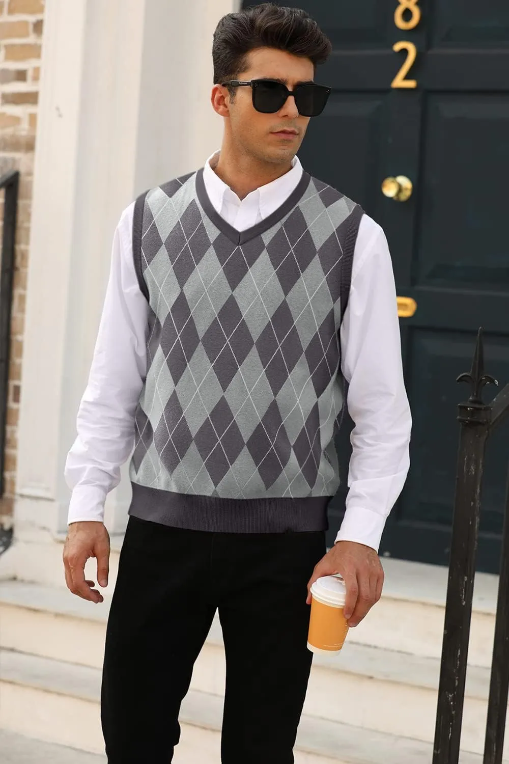 MNCEGEER Mens Argyle Knitwear Vest V Neck Sleeveless Casual Slim Fit Pullover Knitted Sweater