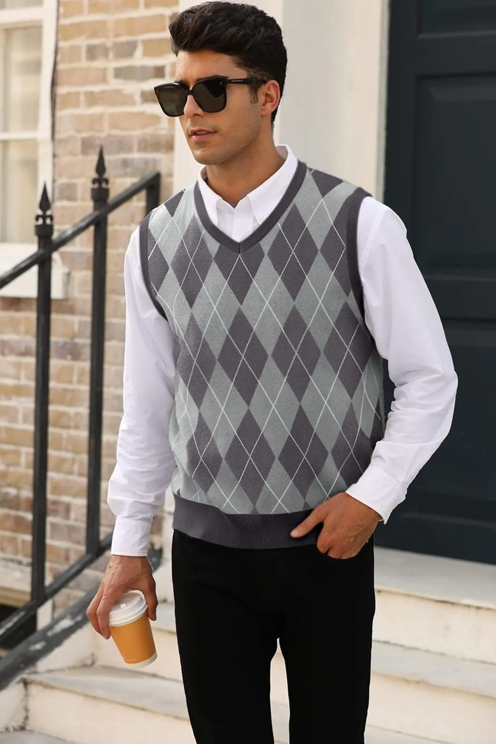 MNCEGEER Mens Argyle Knitwear Vest V Neck Sleeveless Casual Slim Fit Pullover Knitted Sweater