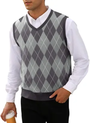 MNCEGEER Mens Argyle Knitwear Vest V Neck Sleeveless Casual Slim Fit Pullover Knitted Sweater