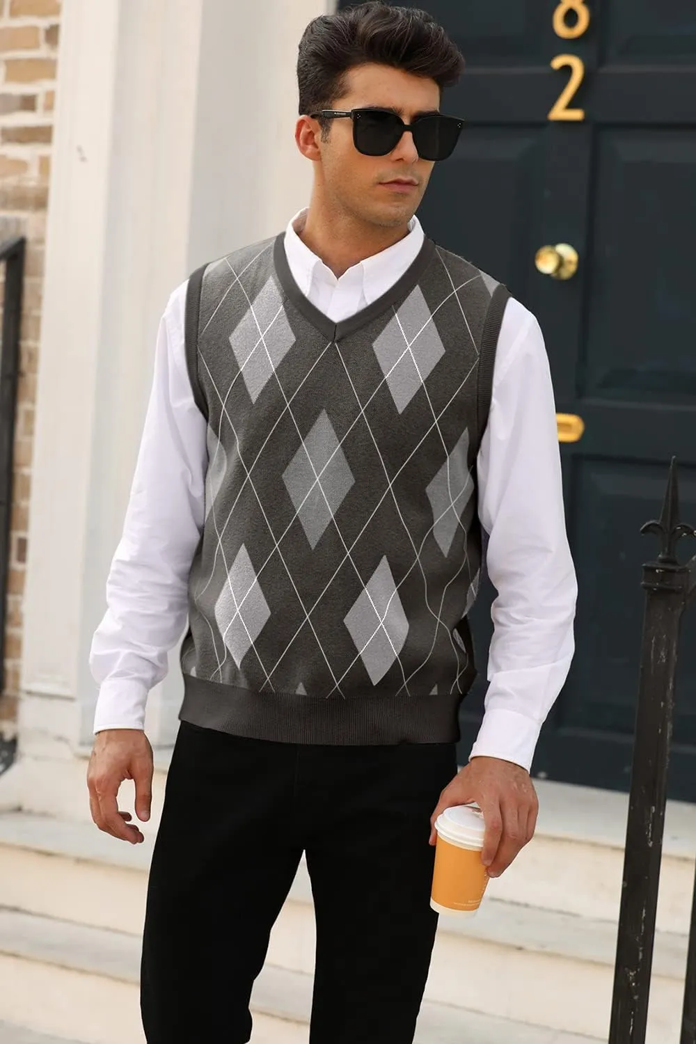 MNCEGEER Mens Argyle Knitwear Vest V Neck Sleeveless Casual Slim Fit Pullover Knitted Sweater