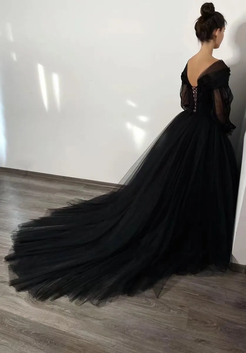 Mouccy Gothic Black Wedding Dresses for Bride Long Sleeve Bridal Gowns with Train V Neck Lace Wedding Gowns for Women