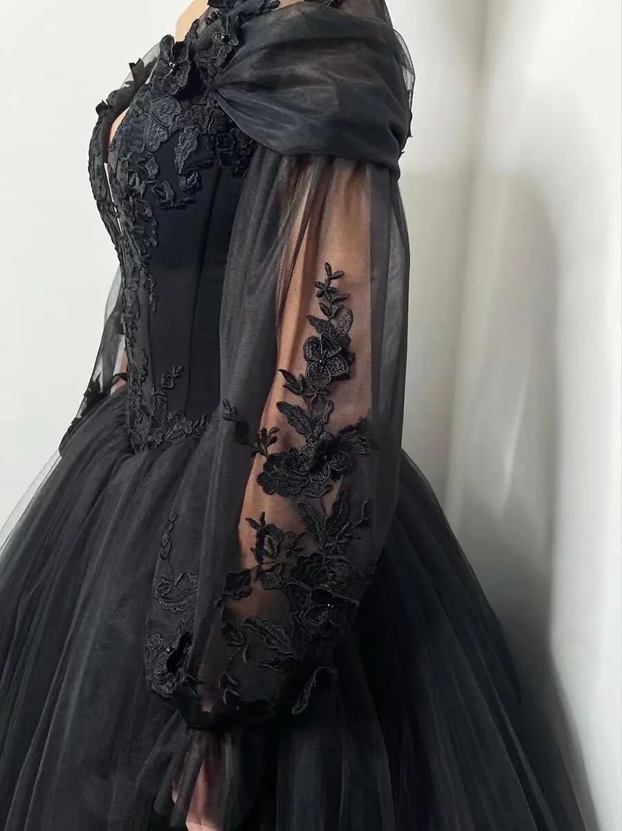 Mouccy Gothic Black Wedding Dresses for Bride Long Sleeve Bridal Gowns with Train V Neck Lace Wedding Gowns for Women