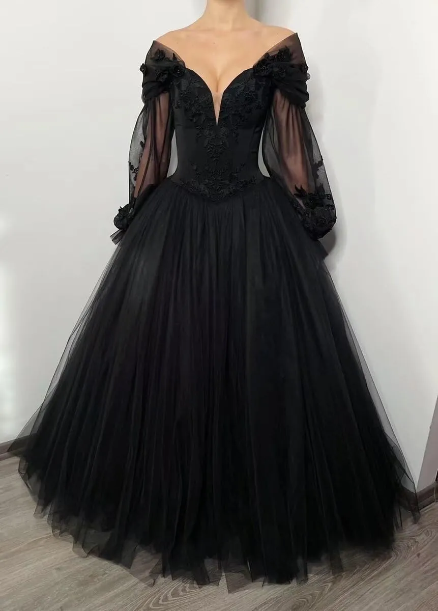 Mouccy Gothic Black Wedding Dresses for Bride Long Sleeve Bridal Gowns with Train V Neck Lace Wedding Gowns for Women