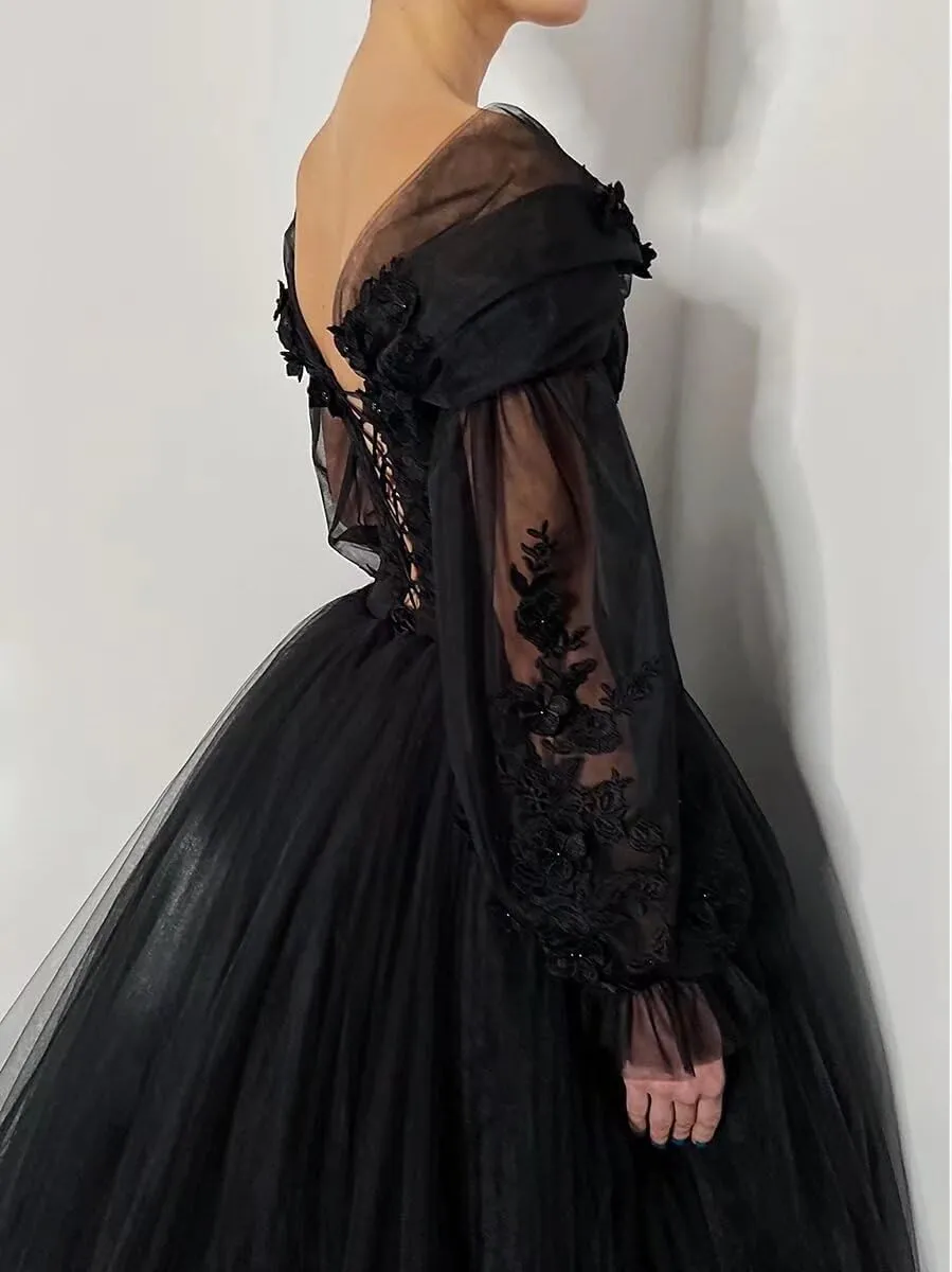 Mouccy Gothic Black Wedding Dresses for Bride Long Sleeve Bridal Gowns with Train V Neck Lace Wedding Gowns for Women