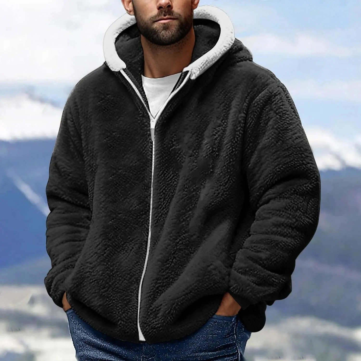 Muscularfit Mens Fuzzy Sherpa Jacket Fleece Long Sleeve Full-Zip Hooded Shirt Casual Warm Winter Jacket Coats Outdoor Fashion