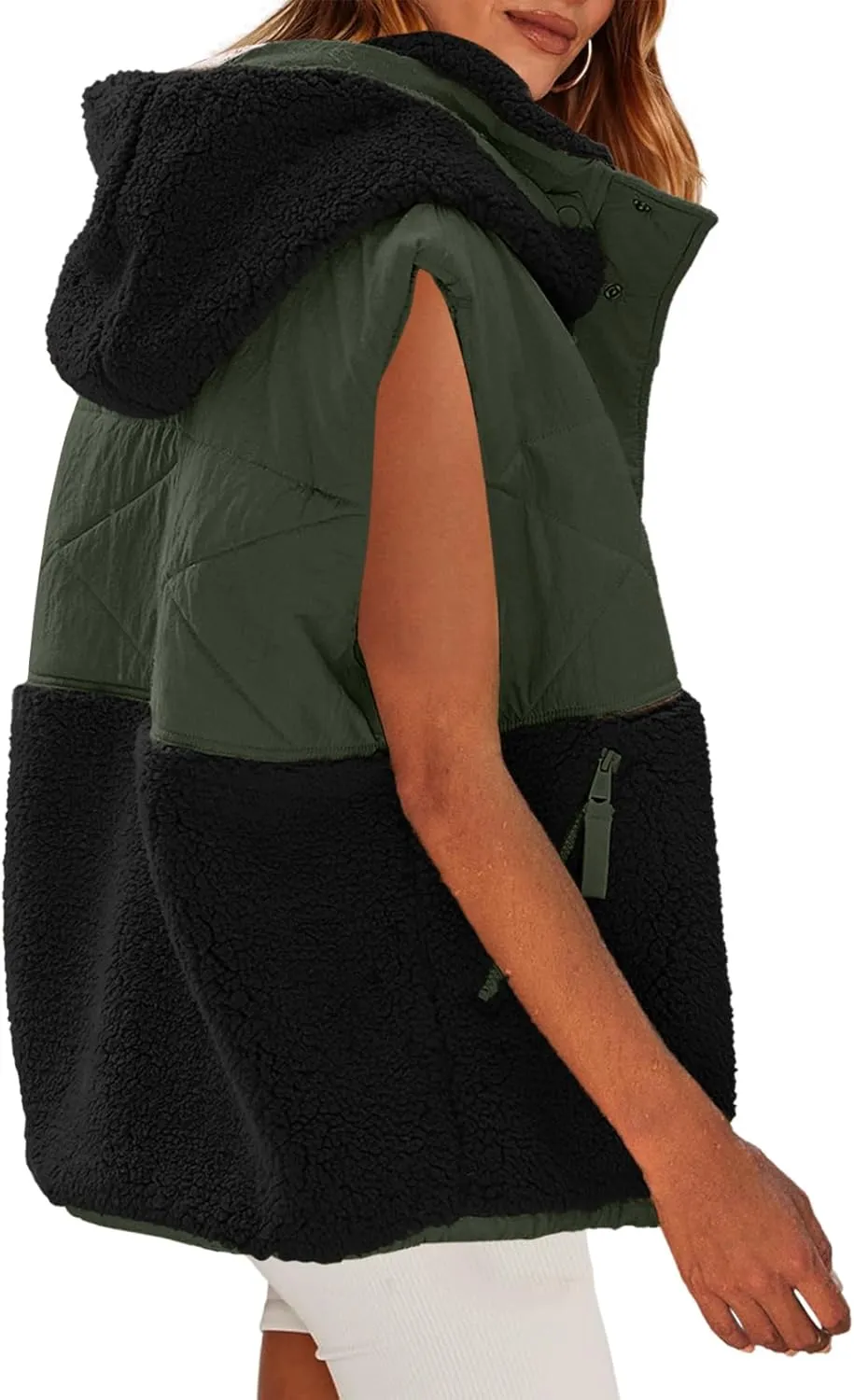 Nirovien Womens Oversized Quilted Vest Color Block Fleece Vest Button Down Padded Outwear Removeable Hooded with Pockets