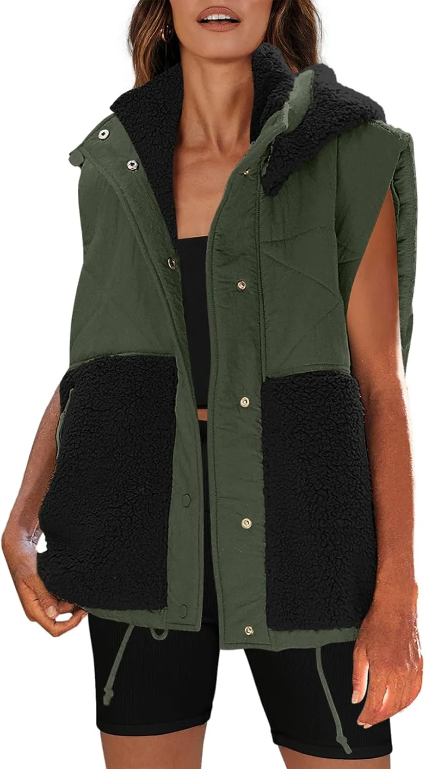 Nirovien Womens Oversized Quilted Vest Color Block Fleece Vest Button Down Padded Outwear Removeable Hooded with Pockets