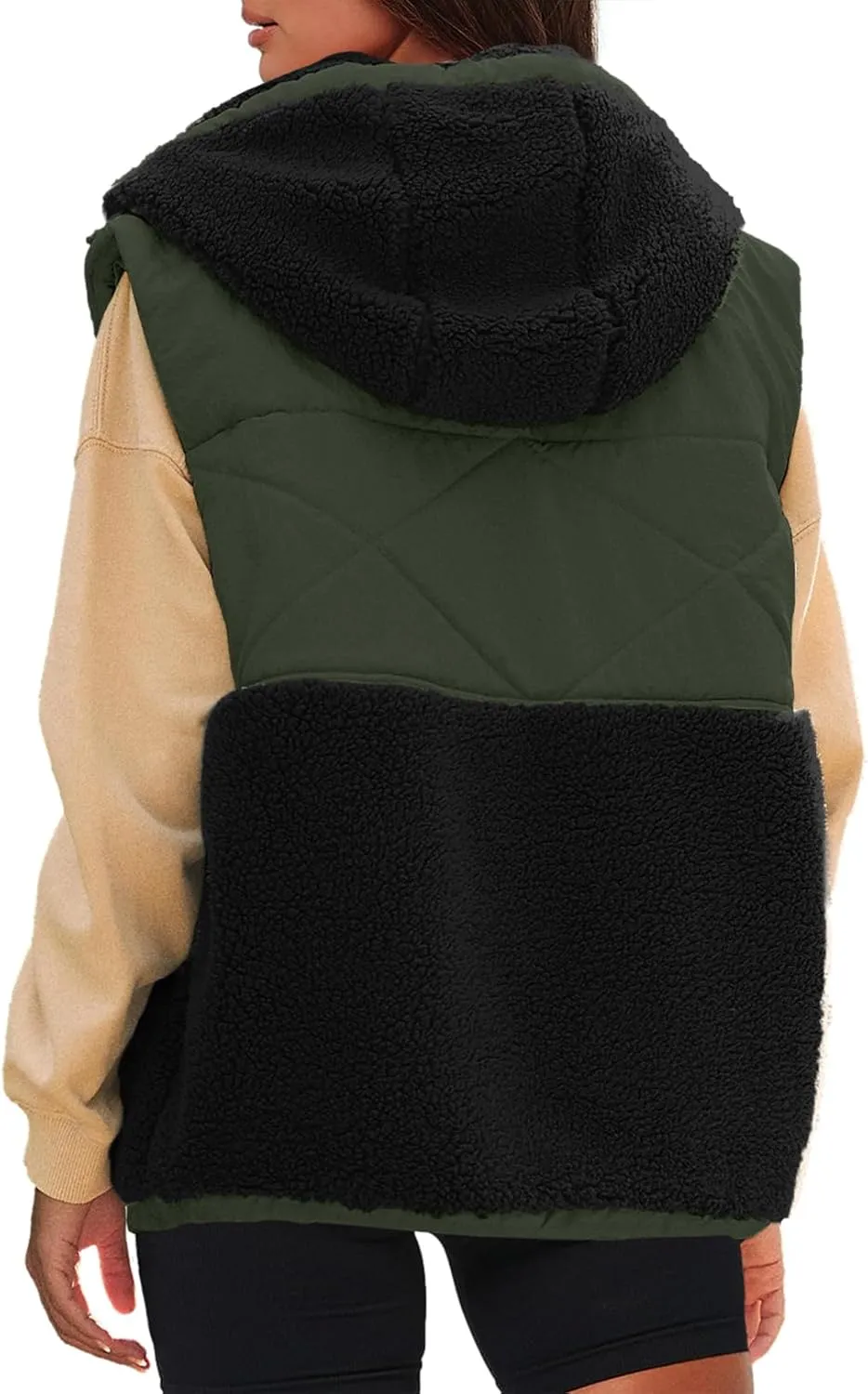 Nirovien Womens Oversized Quilted Vest Color Block Fleece Vest Button Down Padded Outwear Removeable Hooded with Pockets