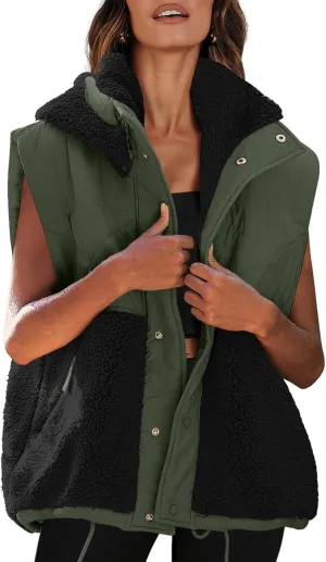 Nirovien Womens Oversized Quilted Vest Color Block Fleece Vest Button Down Padded Outwear Removeable Hooded with Pockets