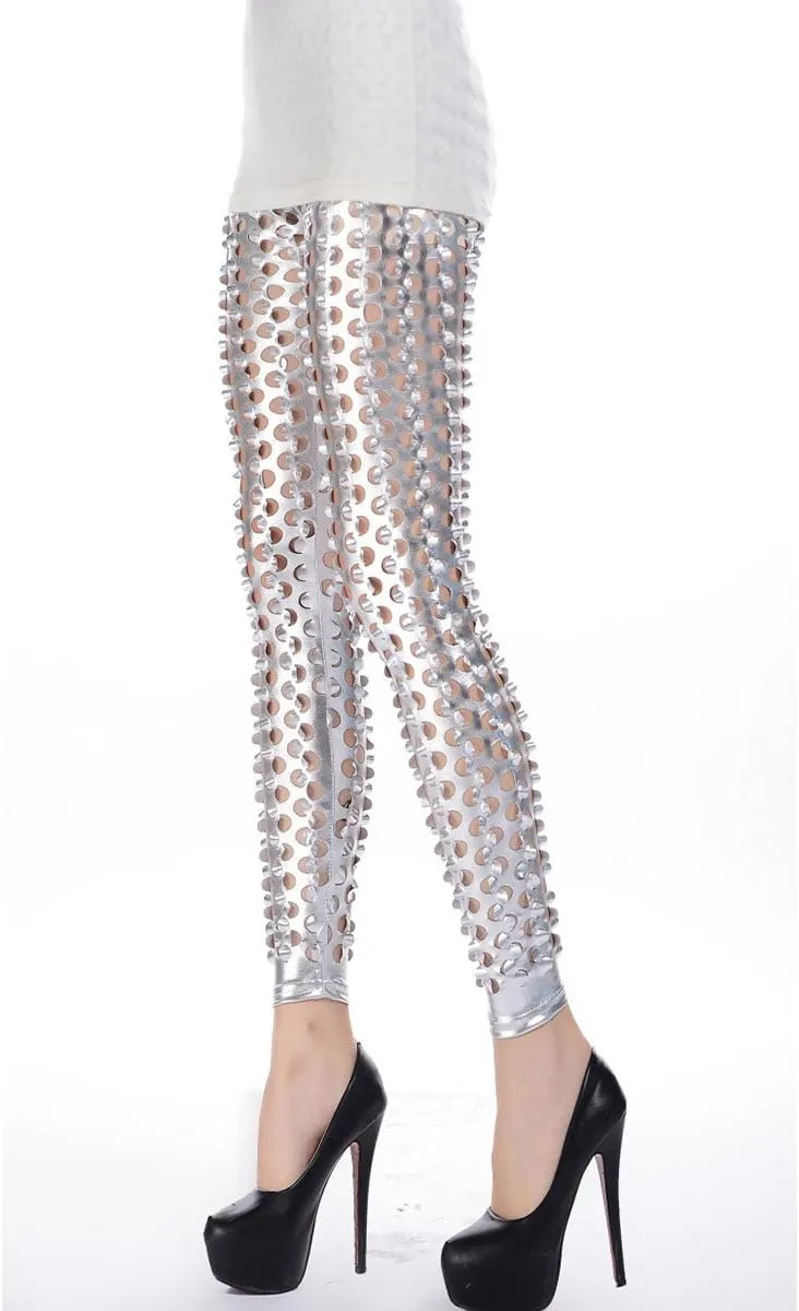 Panegy Women Punk Rock Leggings Hollow Leggings Party Digital Skinny Trousers