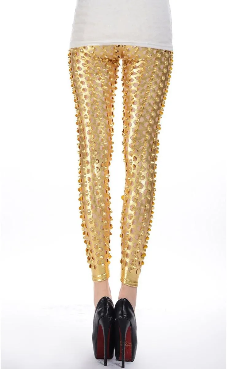 Panegy Women Punk Rock Leggings Hollow Leggings Party Digital Skinny Trousers