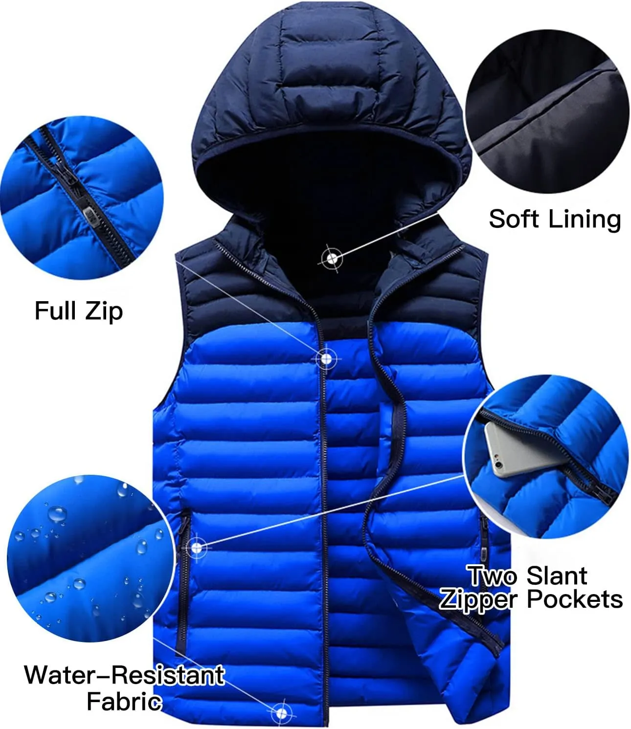 PEHMEA Mens Winter Lightweight Quilted Puffer Down Vest Sleeveless Jacket with Hood