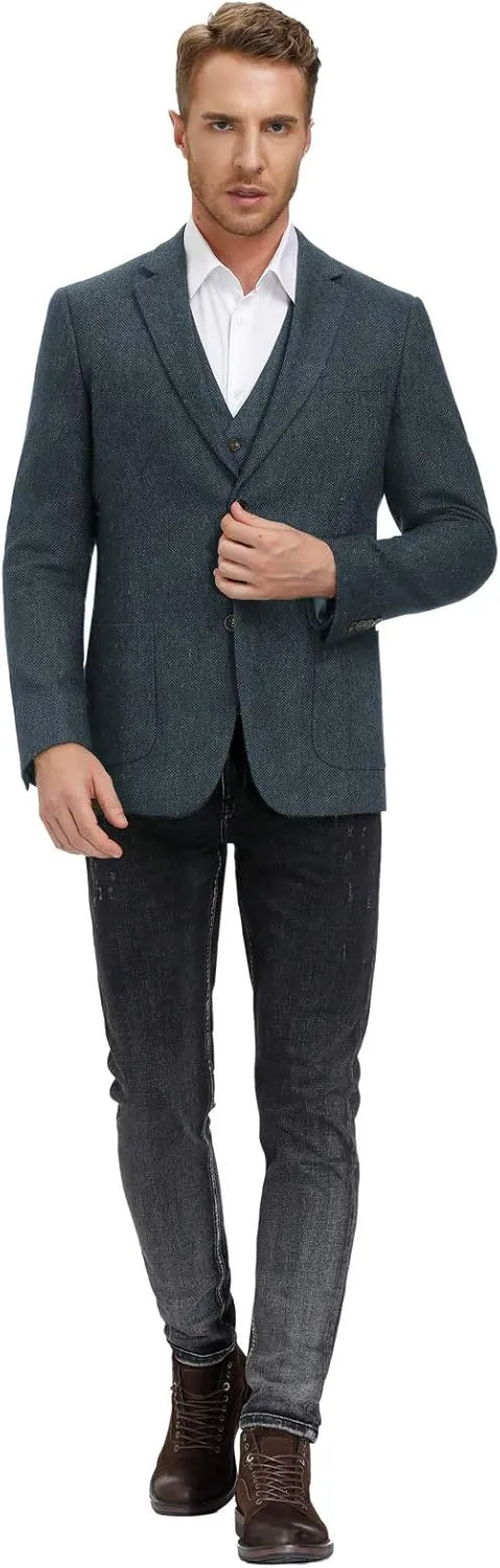 PJ PAUL JONES Mens Tweed Blazer Vintage Wool Blend Blazers Herringbone Two Button Sport Coat