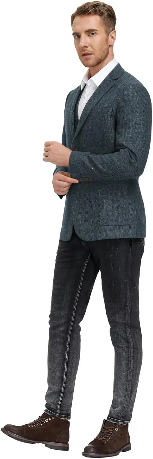 PJ PAUL JONES Mens Tweed Blazer Vintage Wool Blend Blazers Herringbone Two Button Sport Coat