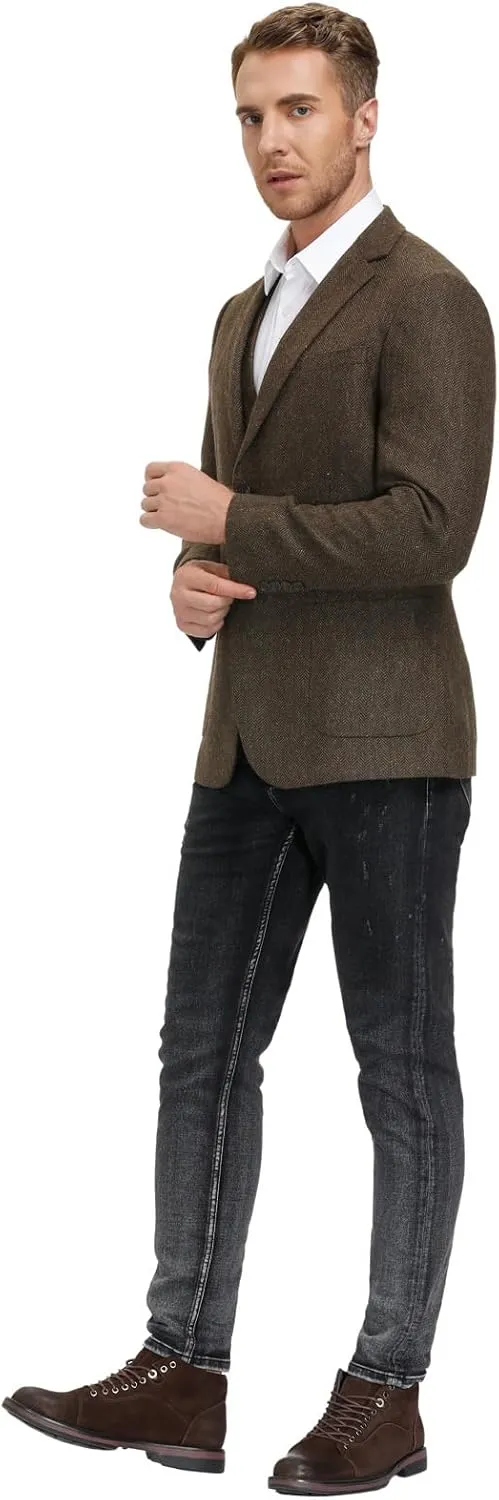 PJ PAUL JONES Mens Tweed Blazer Vintage Wool Blend Blazers Herringbone Two Button Sport Coat