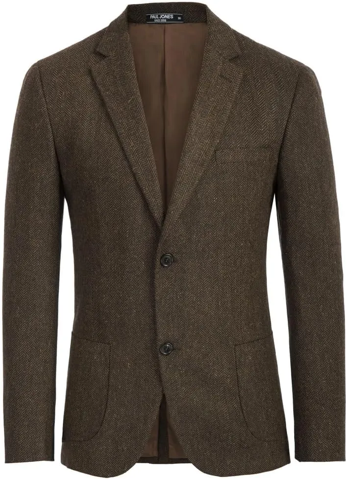 PJ PAUL JONES Mens Tweed Blazer Vintage Wool Blend Blazers Herringbone Two Button Sport Coat