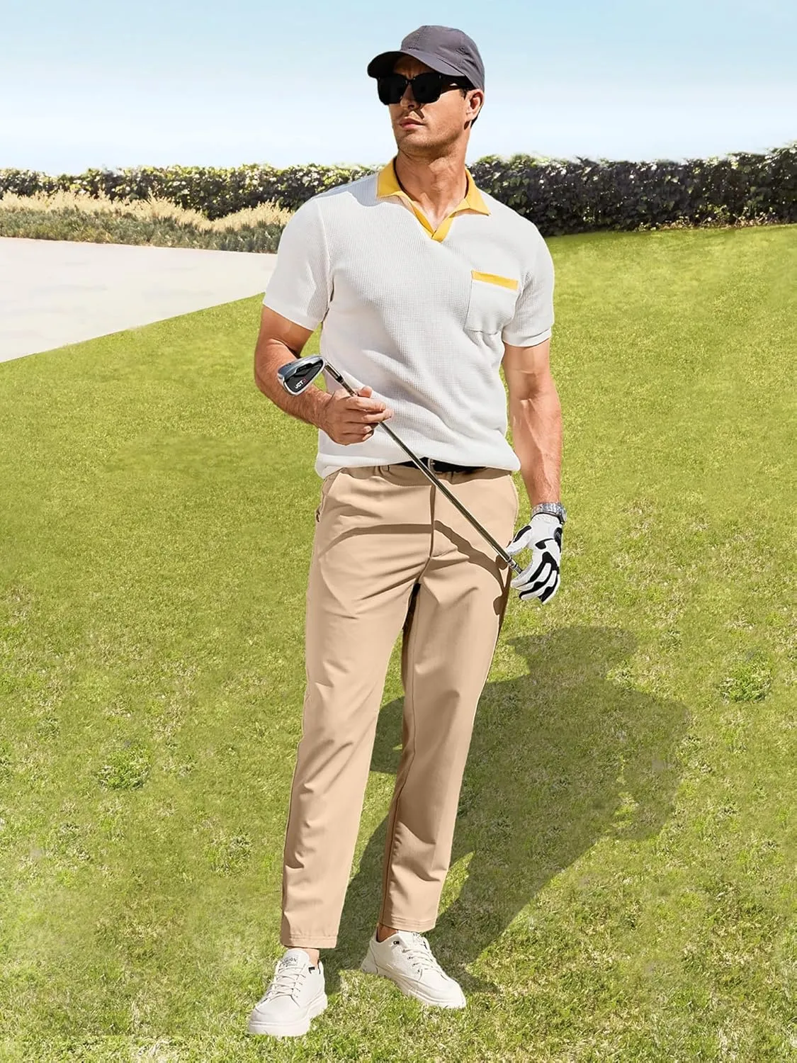 PLEPAN Men's Stretch Dress Pants Slim Fit Casual Suit Pants Expandable Waist Golf Pants