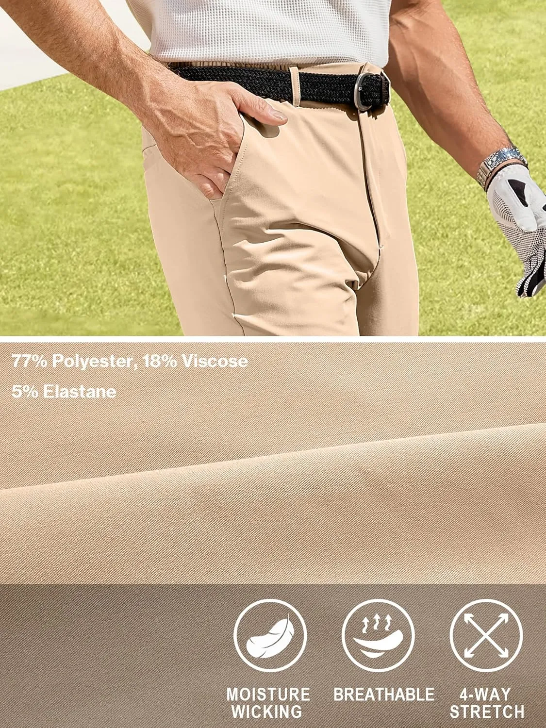 PLEPAN Men's Stretch Dress Pants Slim Fit Casual Suit Pants Expandable Waist Golf Pants