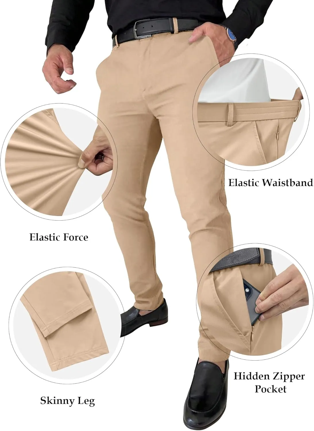 PLEPAN Men's Stretch Dress Pants Slim Fit Casual Suit Pants Expandable Waist Golf Pants