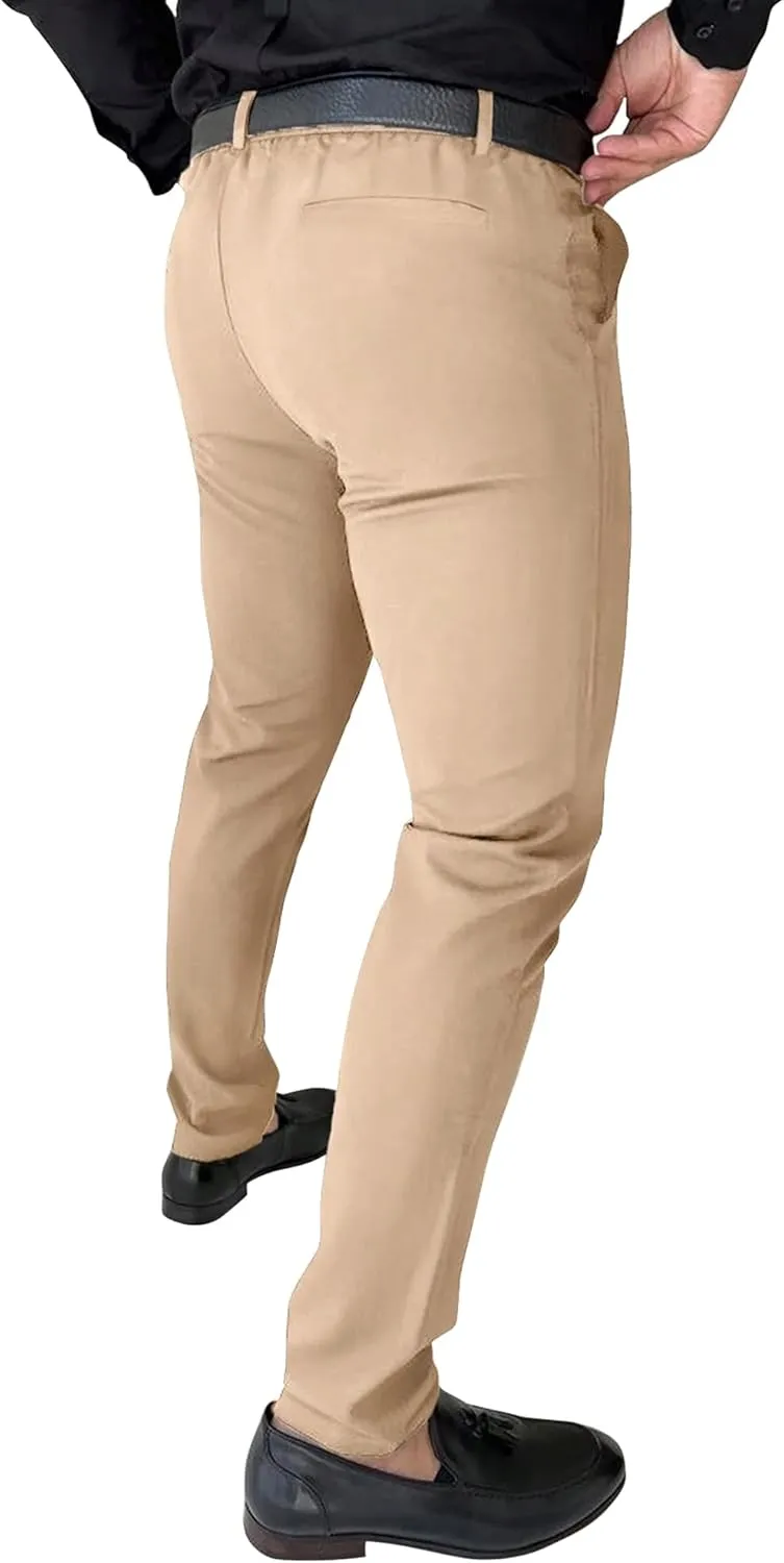 PLEPAN Men's Stretch Dress Pants Slim Fit Casual Suit Pants Expandable Waist Golf Pants