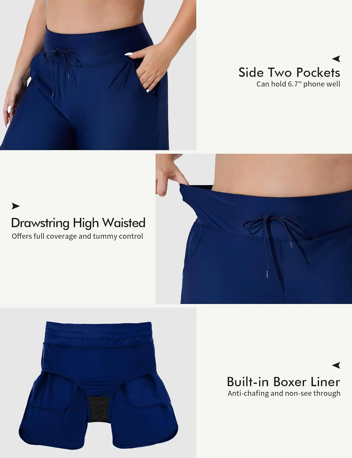 Plus Size Swim Shorts for Women High Waisted Board Shorts Tankini Swimsuit Bottom with Pockets
