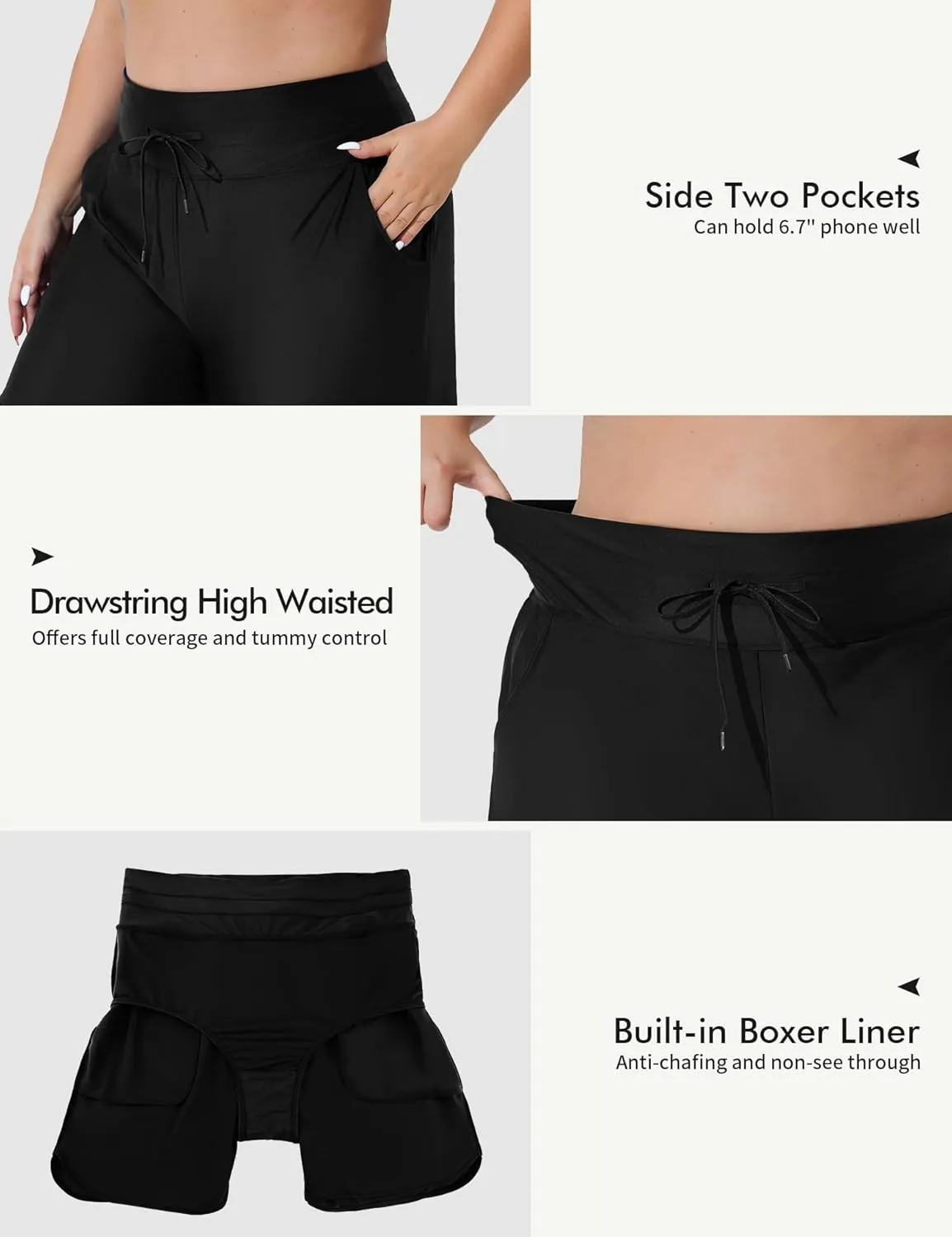 Plus Size Swim Shorts for Women High Waisted Board Shorts Tankini Swimsuit Bottom with Pockets