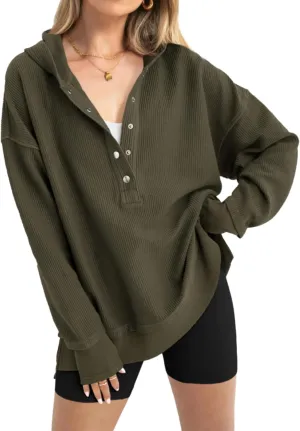 PRETTYGARDEN Womens Fashion 2025 Oversized Long Sleeve Hoodie Button Down V Neck Sweatshirt Side Slit Casual Pullover Tops