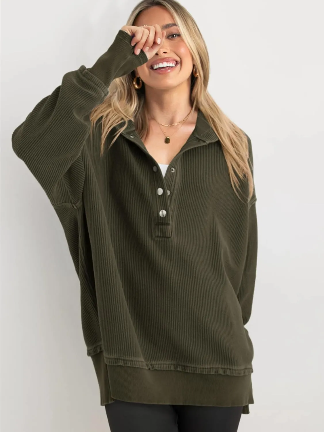 PRETTYGARDEN Womens Fashion 2025 Oversized Long Sleeve Hoodie Button Down V Neck Sweatshirt Side Slit Casual Pullover Tops