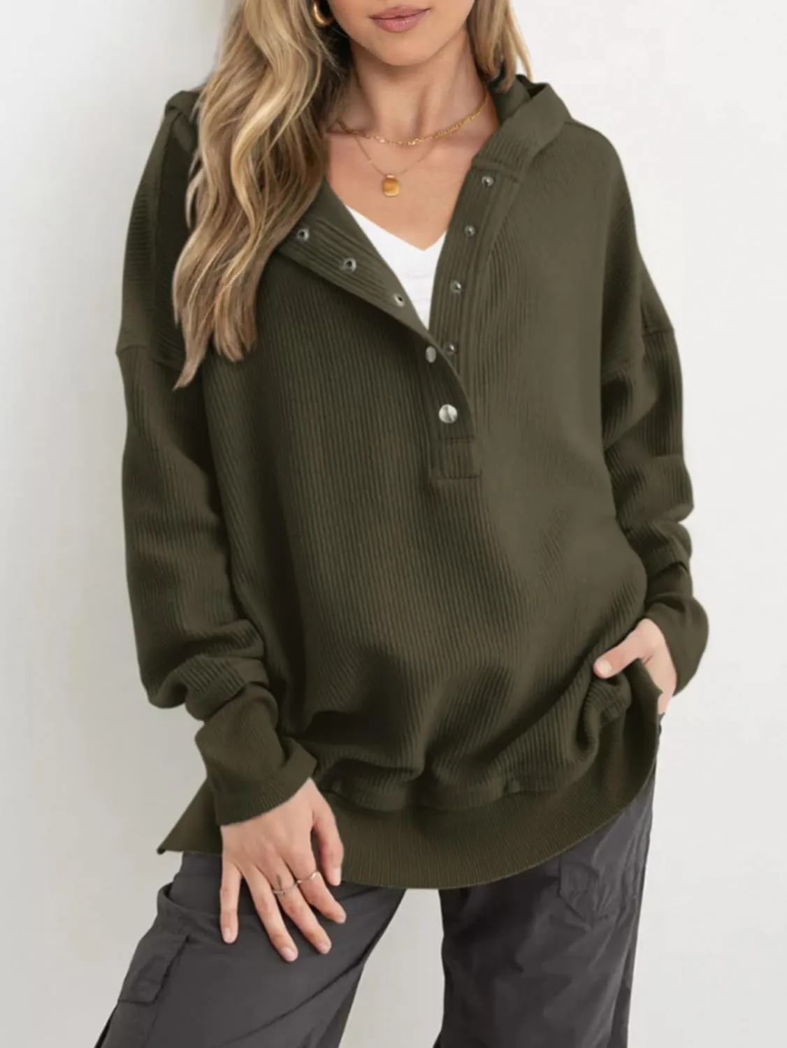 PRETTYGARDEN Womens Fashion 2025 Oversized Long Sleeve Hoodie Button Down V Neck Sweatshirt Side Slit Casual Pullover Tops