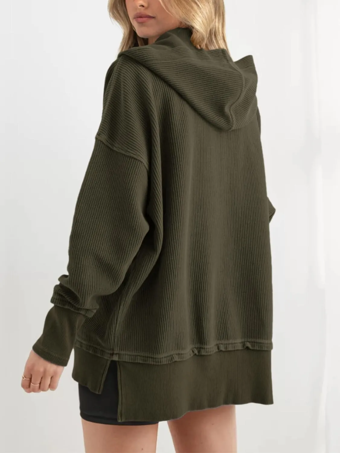 PRETTYGARDEN Womens Fashion 2025 Oversized Long Sleeve Hoodie Button Down V Neck Sweatshirt Side Slit Casual Pullover Tops