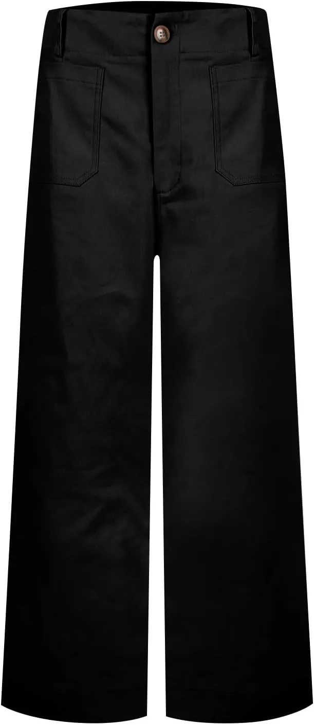 Pull-On Chino Pants Women Casual Business Cropped Work Pants High Waisted Casual Straight Leg Ankle Pants w/Pockets