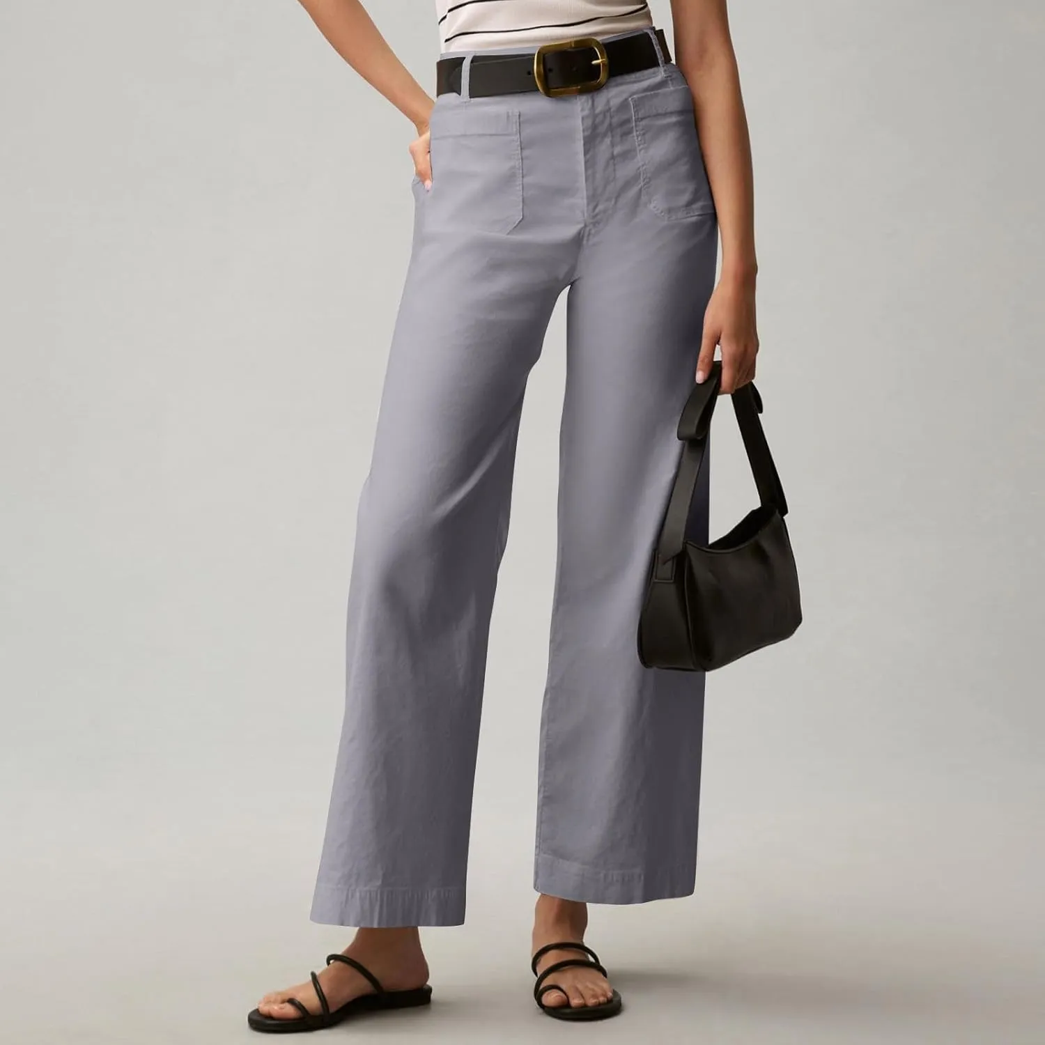 Pull-On Chino Pants Women Casual Business Cropped Work Pants High Waisted Casual Straight Leg Ankle Pants w/Pockets