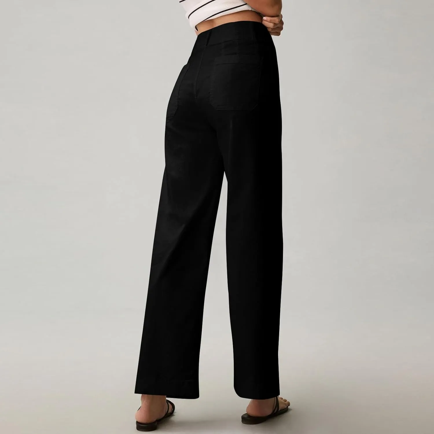 Pull-On Chino Pants Women Casual Business Cropped Work Pants High Waisted Casual Straight Leg Ankle Pants w/Pockets