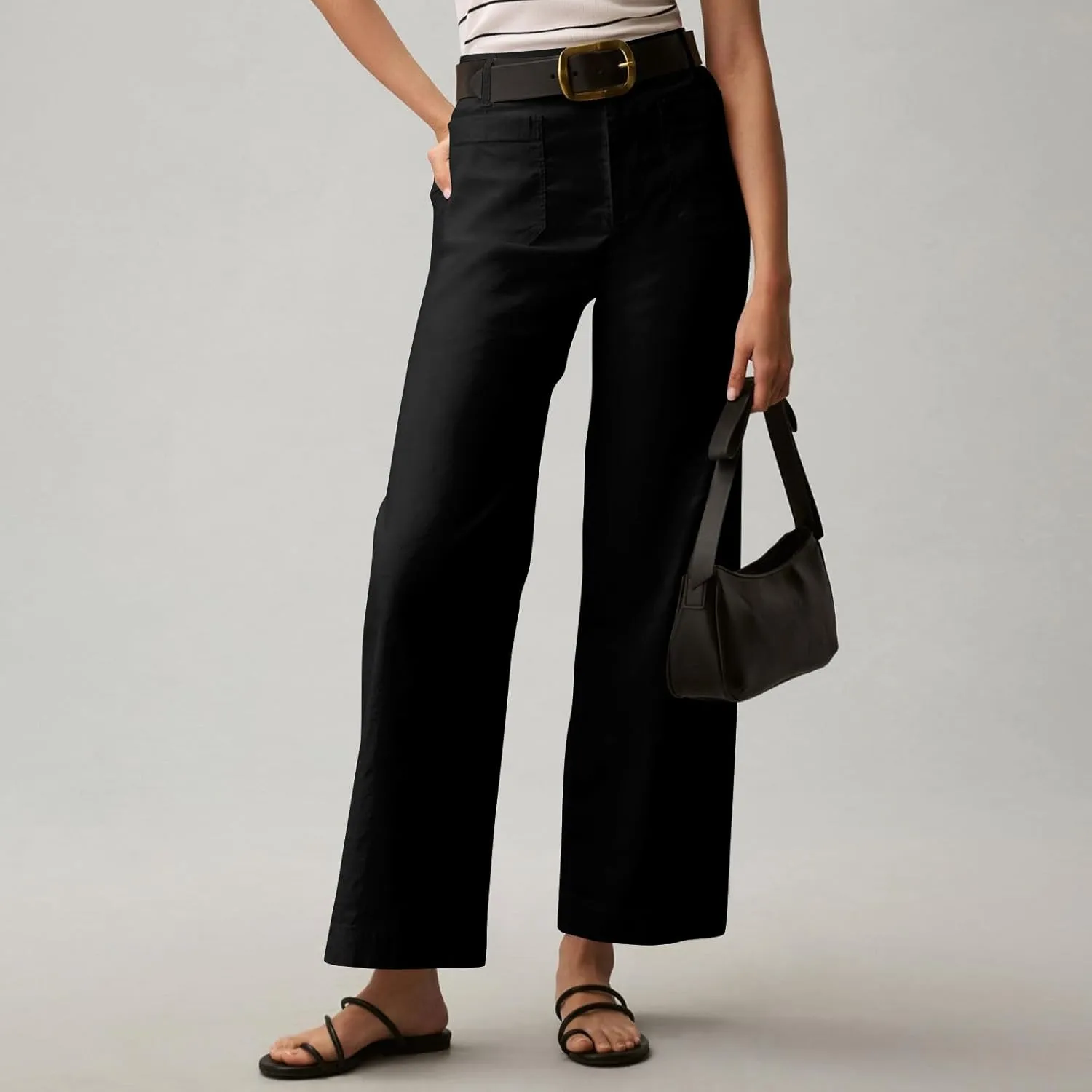 Pull-On Chino Pants Women Casual Business Cropped Work Pants High Waisted Casual Straight Leg Ankle Pants w/Pockets