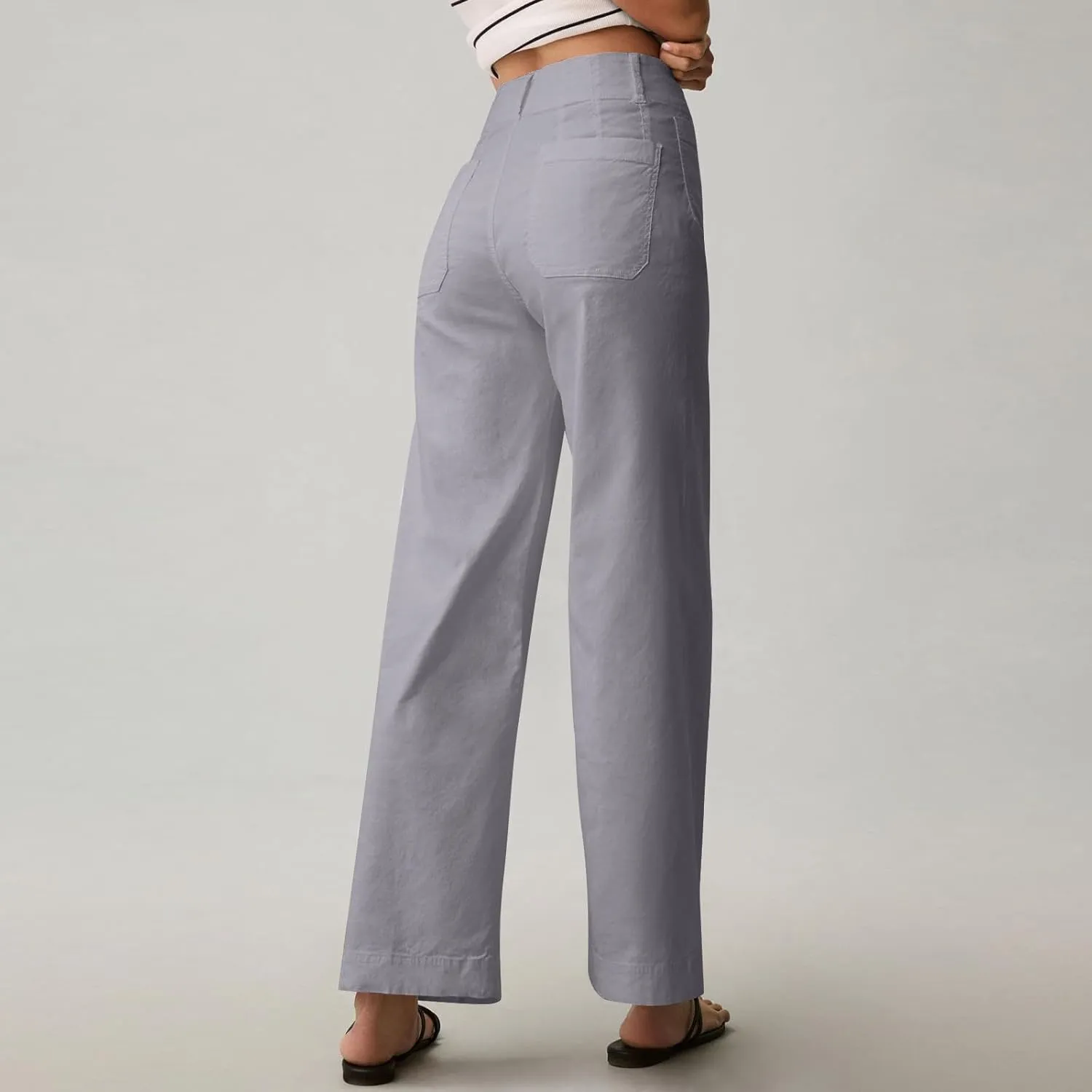 Pull-On Chino Pants Women Casual Business Cropped Work Pants High Waisted Casual Straight Leg Ankle Pants w/Pockets