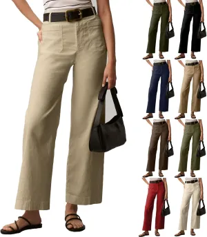 Pull-On Chino Pants Women Casual Business Cropped Work Pants High Waisted Casual Straight Leg Ankle Pants w/Pockets