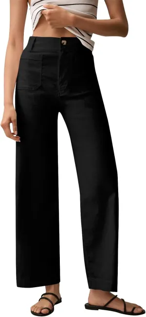Pull-On Chino Pants Women Casual Business Cropped Work Pants High Waisted Casual Straight Leg Ankle Pants w/Pockets