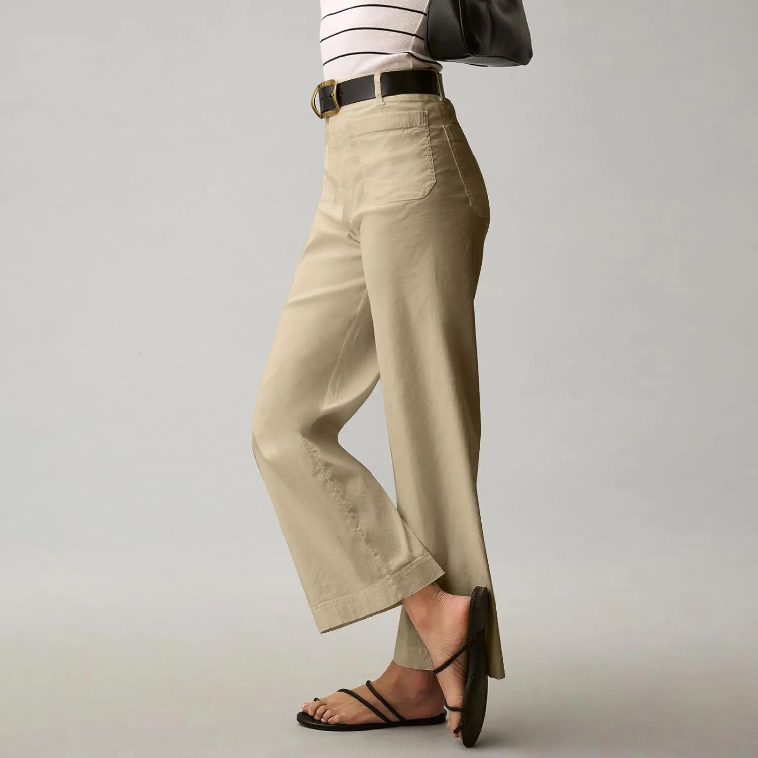 Pull-On Chino Pants Women Casual Business Cropped Work Pants High Waisted Casual Straight Leg Ankle Pants w/Pockets