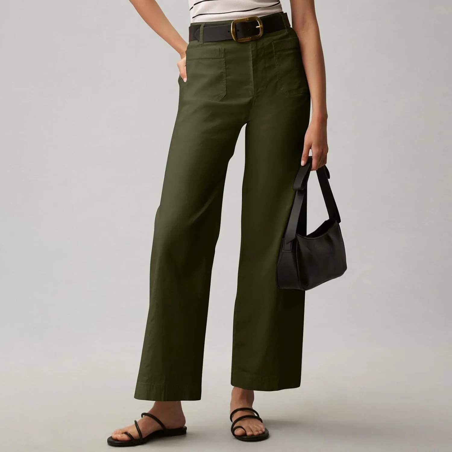 Pull-On Chino Pants Women Casual Business Cropped Work Pants High Waisted Casual Straight Leg Ankle Pants w/Pockets