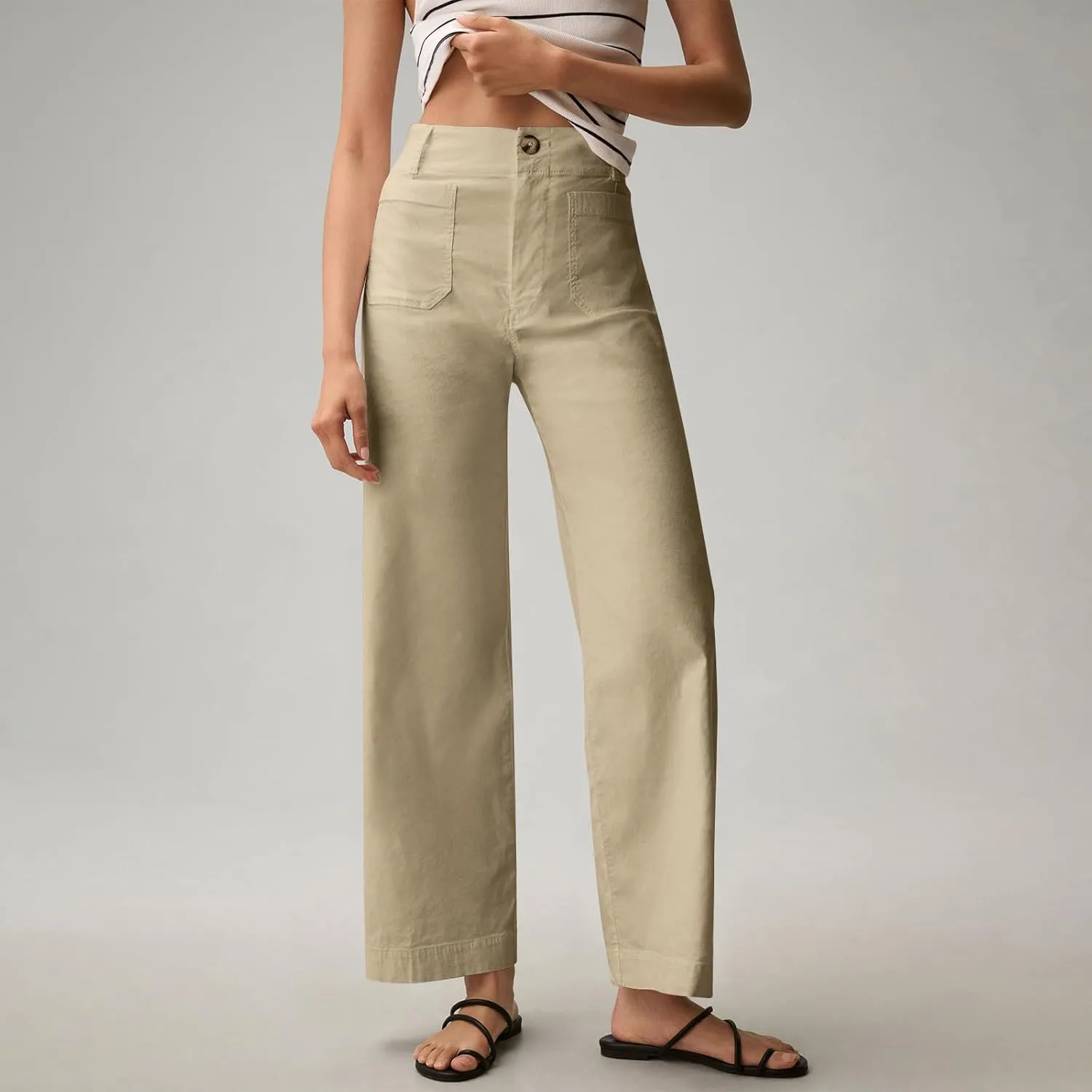 Pull-On Chino Pants Women Casual Business Cropped Work Pants High Waisted Casual Straight Leg Ankle Pants w/Pockets