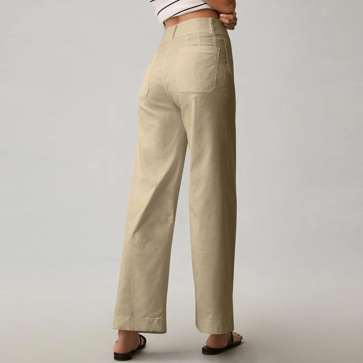 Pull-On Chino Pants Women Casual Business Cropped Work Pants High Waisted Casual Straight Leg Ankle Pants w/Pockets