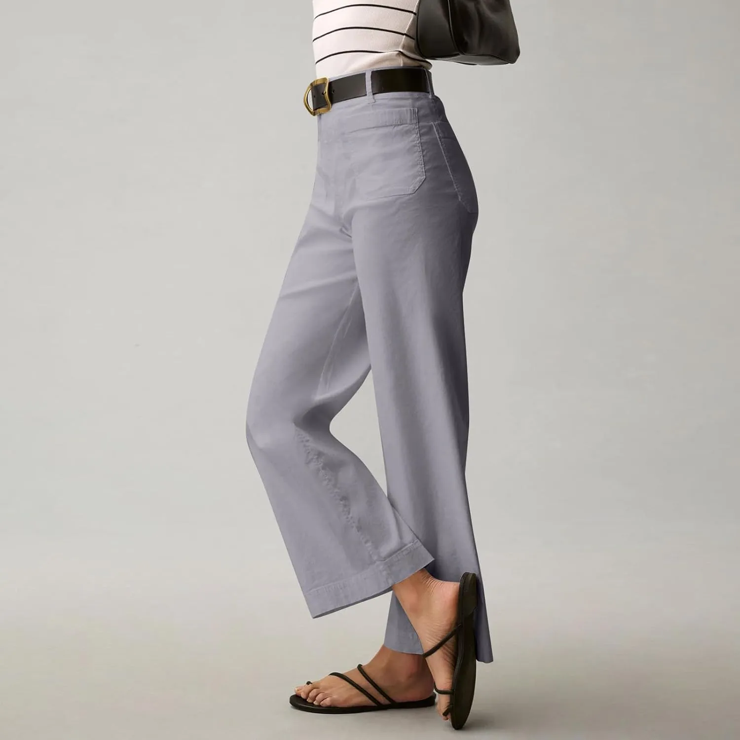 Pull-On Chino Pants Women Casual Business Cropped Work Pants High Waisted Casual Straight Leg Ankle Pants w/Pockets