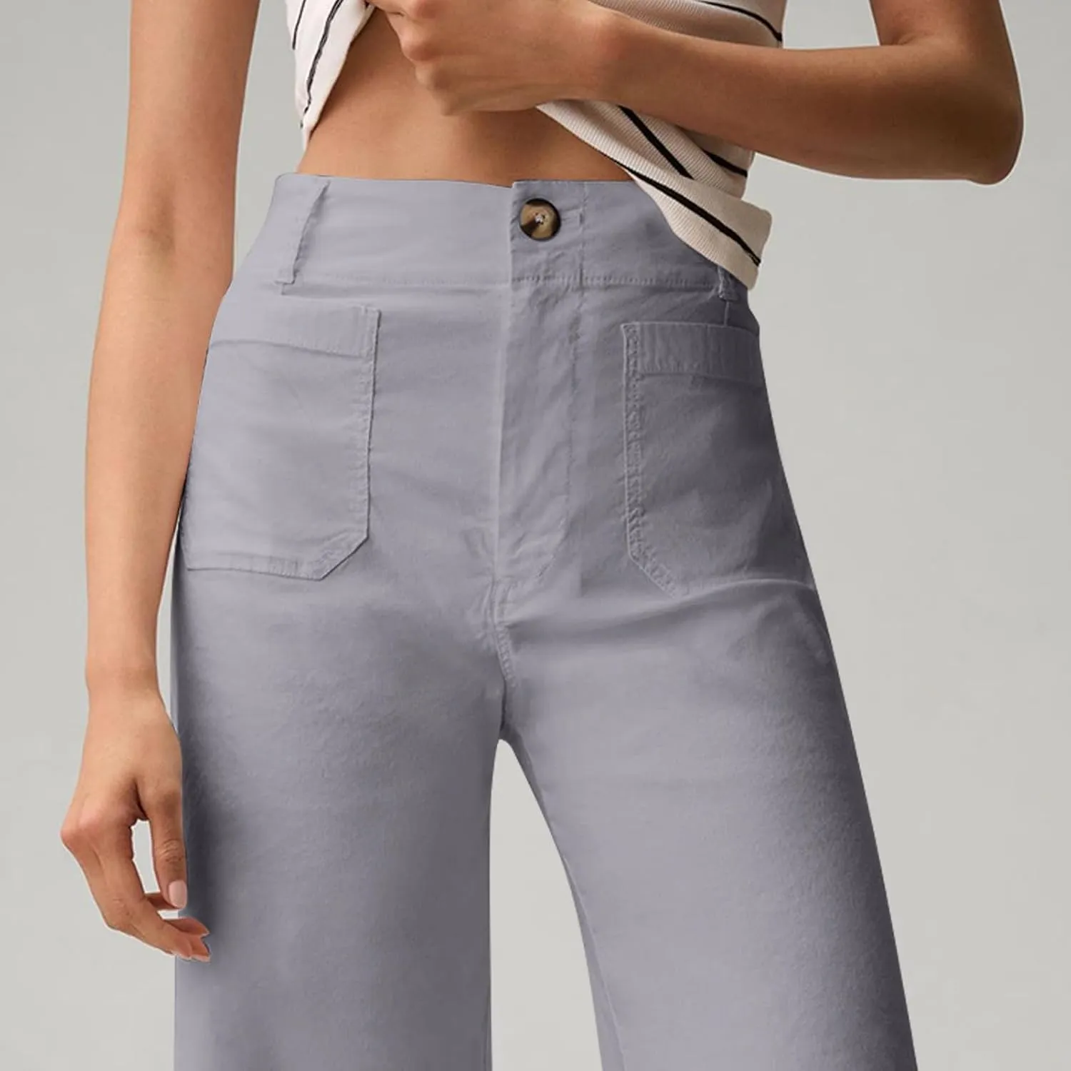 Pull-On Chino Pants Women Casual Business Cropped Work Pants High Waisted Casual Straight Leg Ankle Pants w/Pockets