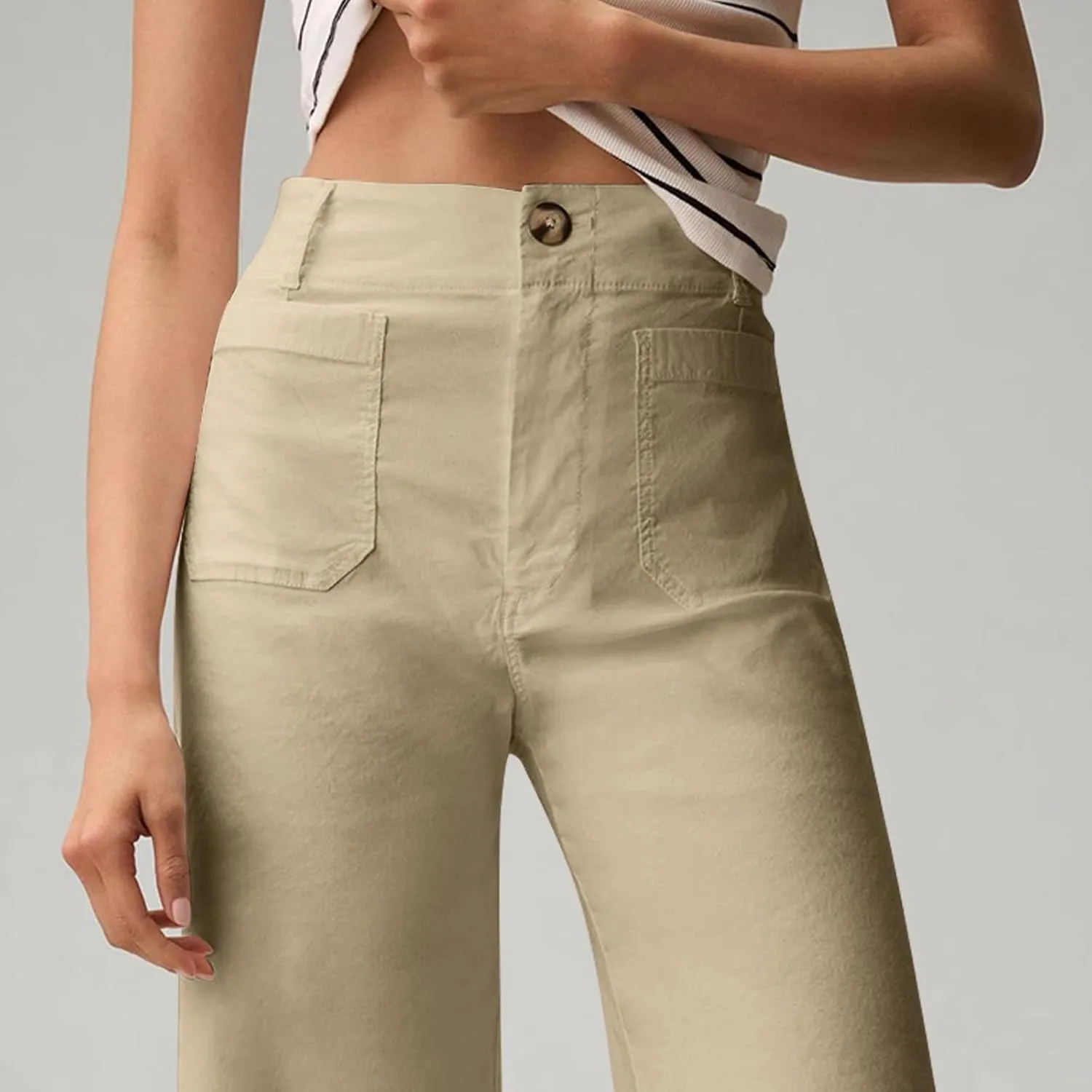 Pull-On Chino Pants Women Casual Business Cropped Work Pants High Waisted Casual Straight Leg Ankle Pants w/Pockets